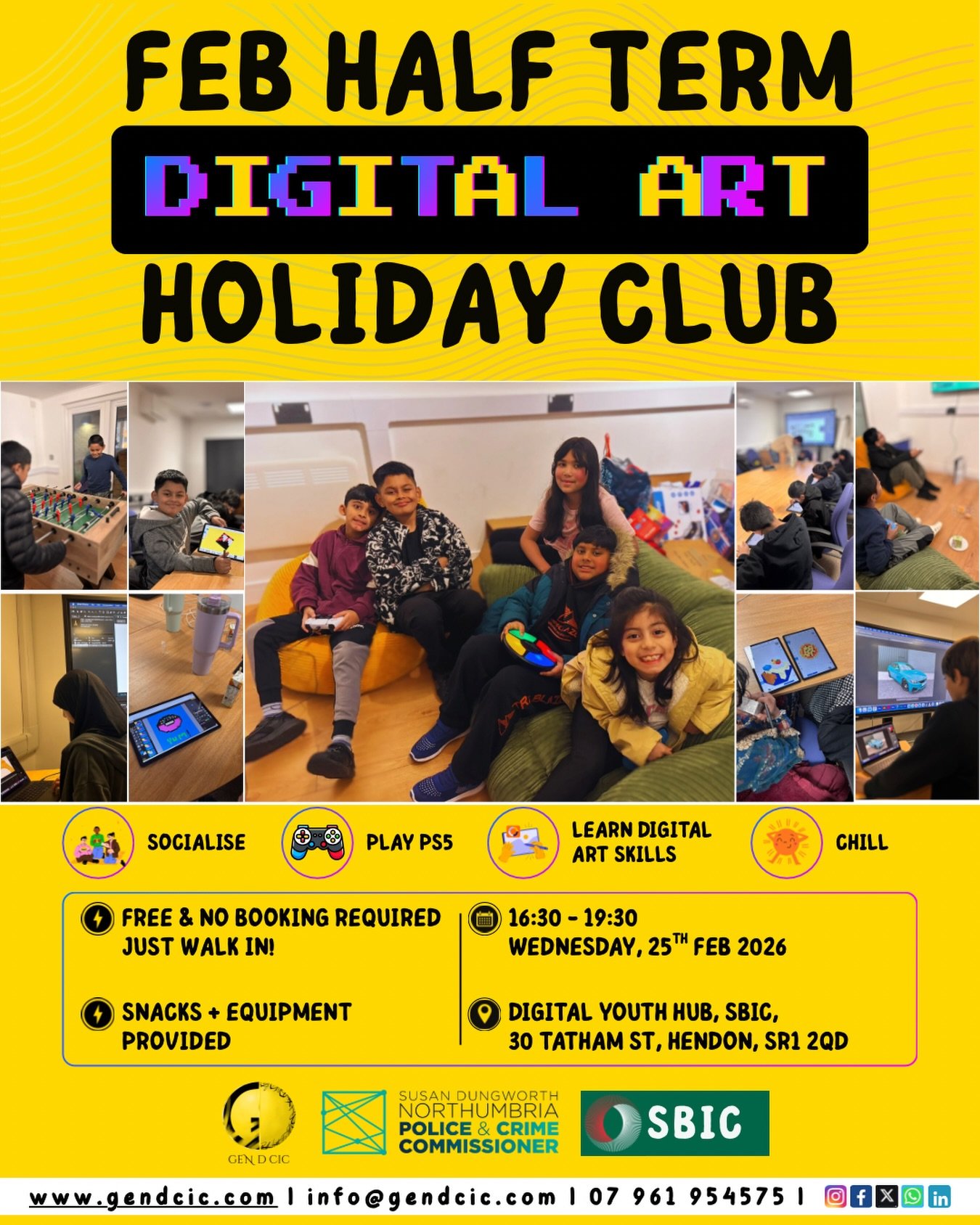 Happy Holidays🎉🎨✨ FEB HALF TERM FUN IS HERE! ✨🎮

Join us for our 🆓 Digital Art Holiday Club, a safe & creative space for young people to socialise, learn, & chill this half term!

🗓 Wednesday 25th Feb 2026 
⏰ 4:30PM – 7:30PM 
📍 Digital Youth Hub, SBIC, 30 Tatham St, Hendon, SR1 2QD

⚡ FREE – no booking required, just walk in! 
🍪 Snacks + equipment provided

Bring your friends, your creativity, & your energy ⚡️
We can’t wait to see you there! 🙌