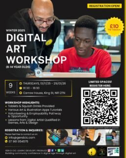 💻🖌️We’re so excited to announce our 9-week Digital Art Workshop for 8–14 year olds, running this winter at the iconic @carrow_house & with support from the brilliant team at @norwich.unity.hub 💛

🗓 Thursdays, 13 Nov 2025 – 29 Jan 2026
🕓 4:30 PM – 6:30 PM
📍 Carrow House, King St, Norwich, NR1 2TN
💷 £10 per session

💡 Workshop Highlights:
🎨 Tablets & squash drinks provided
🖌 Tutorials using fun art & illustration apps
🌱 Volunteering & employability pathway
👩🏾‍🎨 Learn from a qualified digital artist in Games, Arts & Design

📲 Limited spaces! Register now:
👉 https://gendcic.com/norwich-digital-art-sessions/￼

📧 info@gendcic.com | 📞 07961 954575

We look forward to seeing you there 🙌🏼