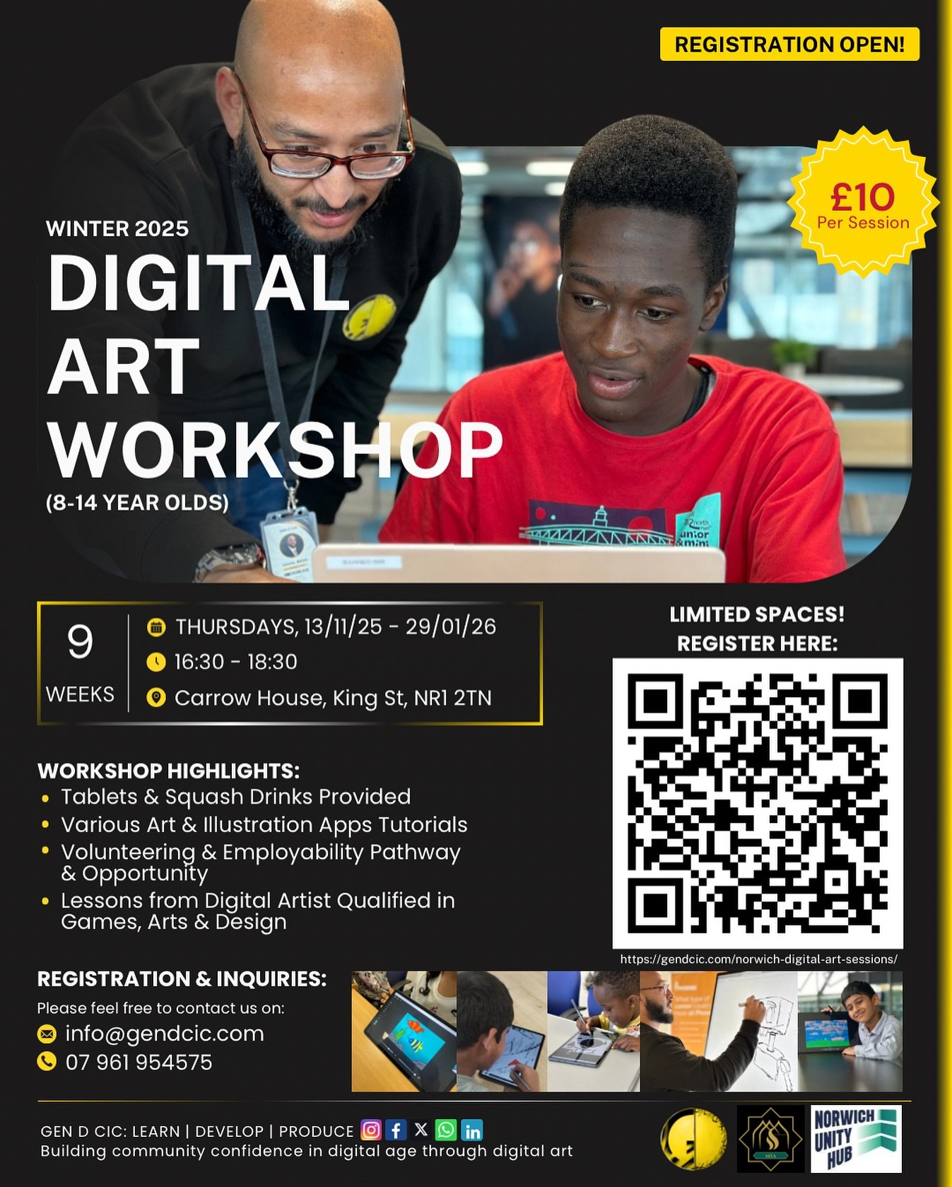 💻🖌️We’re so excited to announce our 9-week Digital Art Workshop for 8–14 year olds, running this winter at the iconic @carrow_house & with support from the brilliant team at @norwich.unity.hub 💛

🗓 Thursdays, 13 Nov 2025 – 29 Jan 2026
🕓 4:30 PM – 6:30 PM
📍 Carrow House, King St, Norwich, NR1 2TN
💷 £10 per session

💡 Workshop Highlights:
🎨 Tablets & squash drinks provided
🖌 Tutorials using fun art & illustration apps
🌱 Volunteering & employability pathway
👩🏾‍🎨 Learn from a qualified digital artist in Games, Arts & Design

📲 Limited spaces! Register now:
👉 https://gendcic.com/norwich-digital-art-sessions/￼

📧 info@gendcic.com | 📞 07961 954575

We look forward to seeing you there 🙌🏼