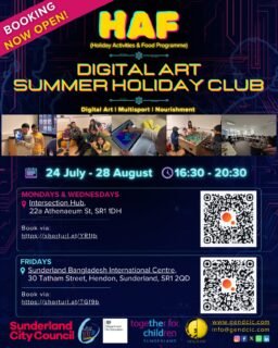 🥳Bookings are NOW OPEN for Gen D’s HAF (Holiday Activities & Food Programme) Digital Art Summer Holiday Club! 
🎨🌞💻🎮🍏🧃

Join us for Digital Art, Multisport Activities & Nutritious Meals for 7–15 year olds.

📅 24 July – 28 August | 🕟 4:30pm – 8:30pm

1️⃣📍 Mondays & Wednesdays at @intersectionhub , 22a Athenaeum Street, Sunderland, SR1 1DH ( https://shorturl.at/YR1tb ) 
2️⃣📍 Fridays at @sbic2000_ , 30 Tatham Street, Hendon, Sunderland, SR1 2QD ( https://shorturl.at/TGf9b )

⚠️ Limited spaces available!

Priority booking is available for children and young people who are:
• Eligible for benefits-related Free School Meals
• SEND or have an EHCP
• From households with an income below £29,000
• Experiencing financial or cost of living challenges
• Undiagnosed SEN/Disability
• Refugees or asylum seekers
• Electively home educated
• Young carers
• Supported by Early Help, Children’s Social Care / the Youth Offending Service
• At risk of school exclusion

Please share with families who may benefit. 💫