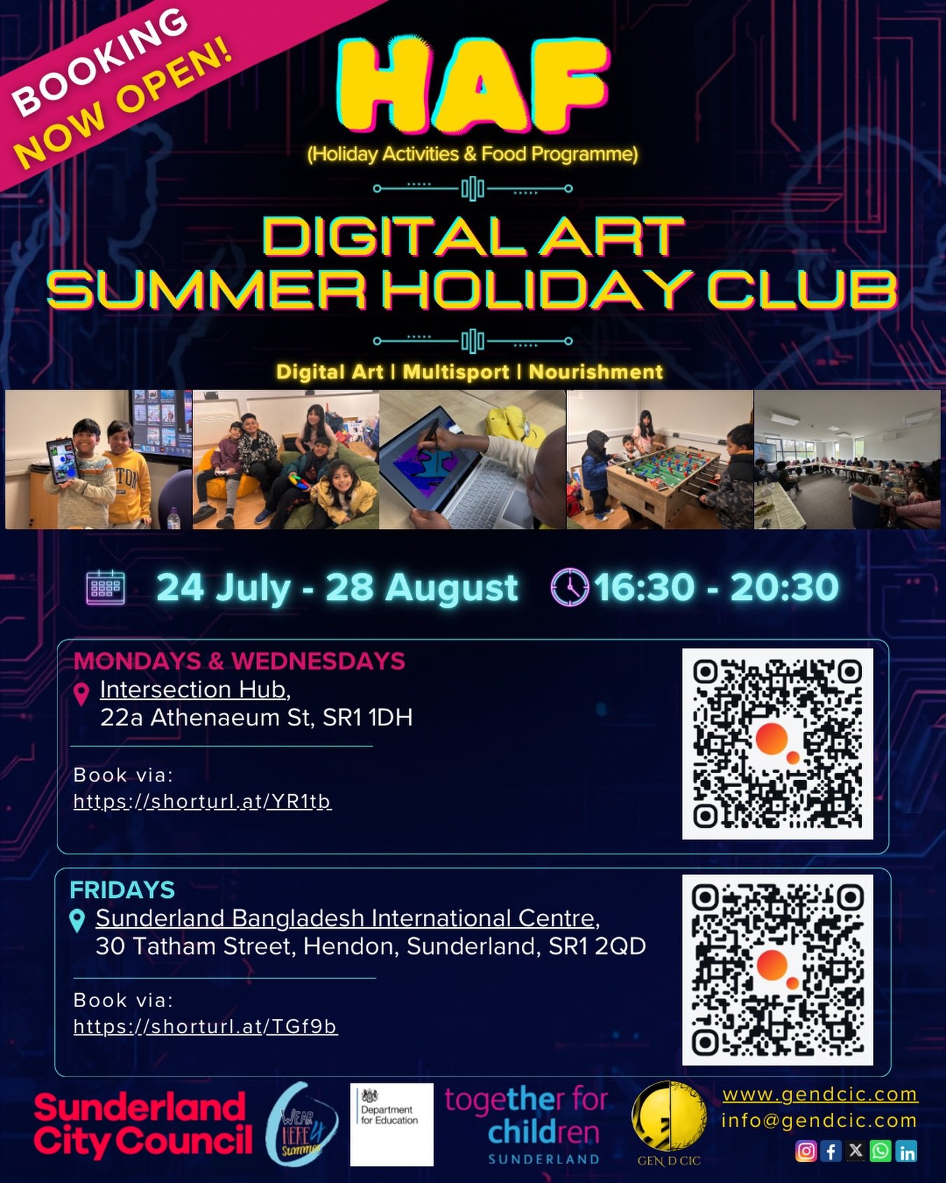 🥳Bookings are NOW OPEN for Gen D’s HAF (Holiday Activities & Food Programme) Digital Art Summer Holiday Club! 
🎨🌞💻🎮🍏🧃

Join us for Digital Art, Multisport Activities & Nutritious Meals for 7–15 year olds.

📅 24 July – 28 August | 🕟 4:30pm – 8:30pm

1️⃣📍 Mondays & Wednesdays at @intersectionhub , 22a Athenaeum Street, Sunderland, SR1 1DH ( https://shorturl.at/YR1tb ) 
2️⃣📍 Fridays at @sbic2000_ , 30 Tatham Street, Hendon, Sunderland, SR1 2QD ( https://shorturl.at/TGf9b )

⚠️ Limited spaces available!

Priority booking is available for children and young people who are:
• Eligible for benefits-related Free School Meals
• SEND or have an EHCP
• From households with an income below £29,000
• Experiencing financial or cost of living challenges
• Undiagnosed SEN/Disability
• Refugees or asylum seekers
• Electively home educated
• Young carers
• Supported by Early Help, Children’s Social Care / the Youth Offending Service
• At risk of school exclusion

Please share with families who may benefit. 💫